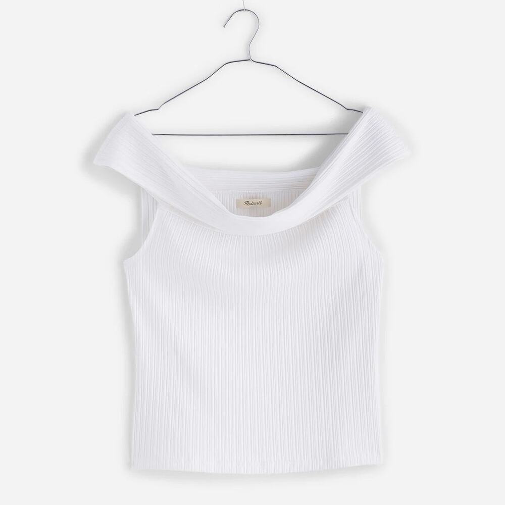 Madewell Top Ribbed Off-The-Shoulder Fitted Cropped Eyelet White NWT XL
